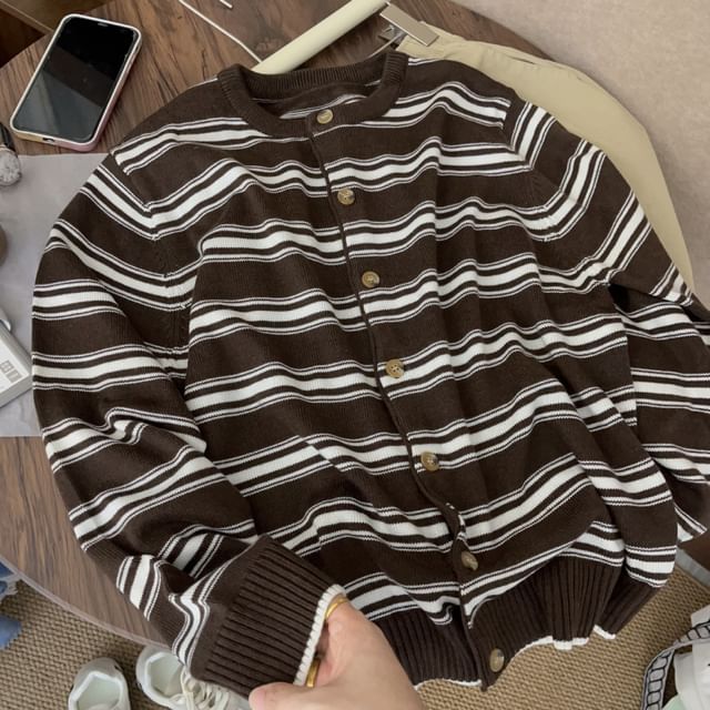 Heiti-Round Neck Striped Button Up Cardigan