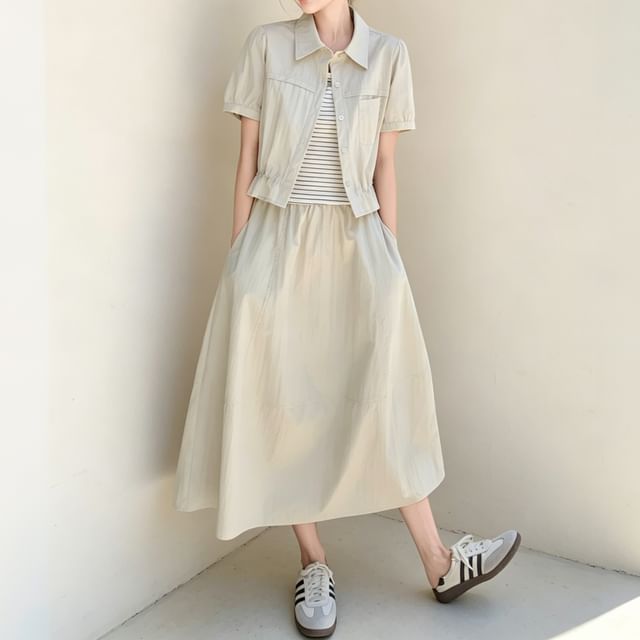 Heiti-Set Short-Sleeve Collared Button-Up Plain Crop Jacket High Waist Midi A-Line Skirt