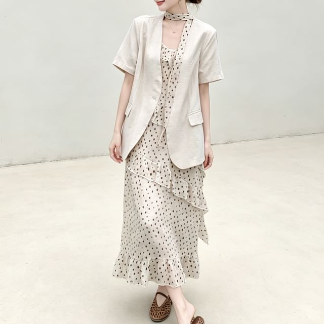 Heiti-Set Spaghetti Strap V-Neck Irregular Dot Ruffle Trim Midi A-Line Dress Short-Sleeve Plain One-Buttoned Blazer Skinny Scarf
