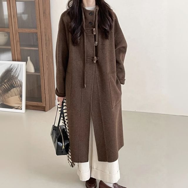 Heiti-Stand Collar Plain Hood Midi Toggle Coat