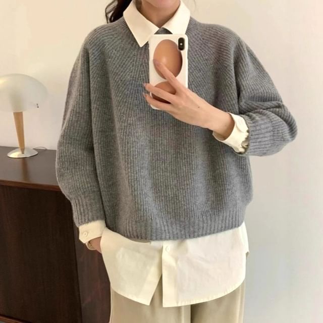 Hevnir-Bracelet Sleeve Collared Plain Ribbed Sweater