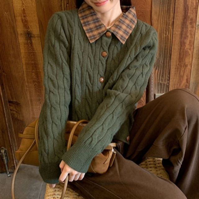 Hevnir-Collar Plain Plaid Panel Cable-Knit Cardigan
