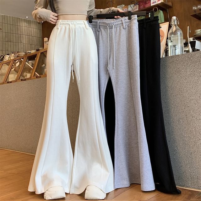 Hevnir-Drawstring Waist Plain Bell Bottom Sweatpants