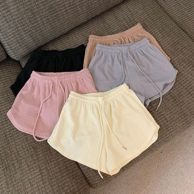 Hevnir-Drawstring Waist Plain Ribbed Shorts