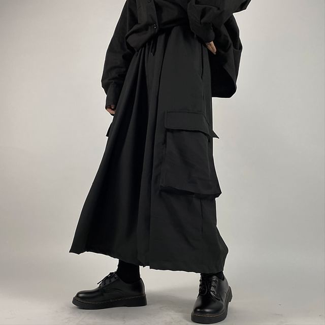 Hevnir-Drawstring Waist Plain Wide Leg Cargo Pants