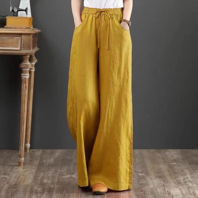 Hevnir-Drawstring Waist Plain Wide Leg Pants