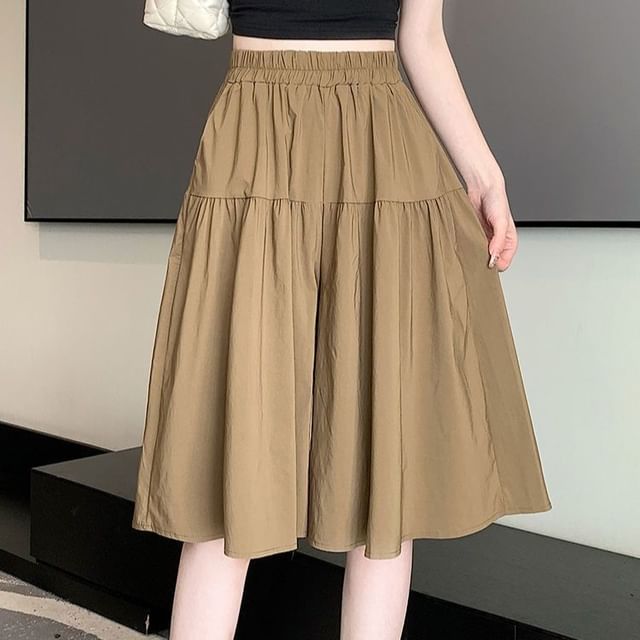 Hevnir-Elastic Waist Plain Wide Leg Shorts