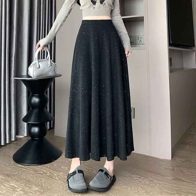 Hevnir-High Waist Glitter Midi A-Line Skirt