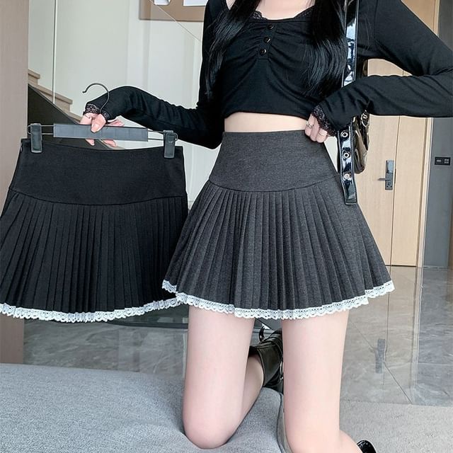 Hevnir-High Waist Plain Lace Trim Mini Pleated Skirt
