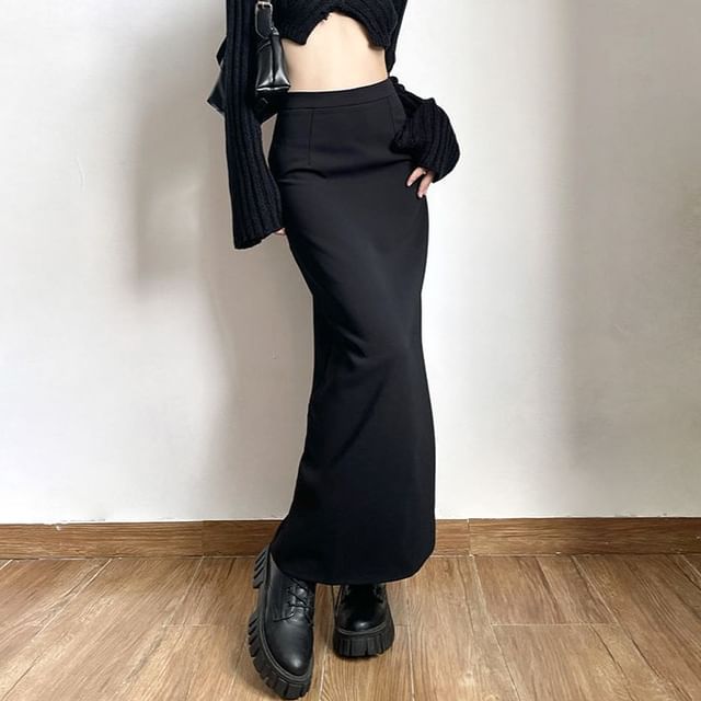 Hevnir-High Waist Plain Slit Maxi Pencil Skirt
