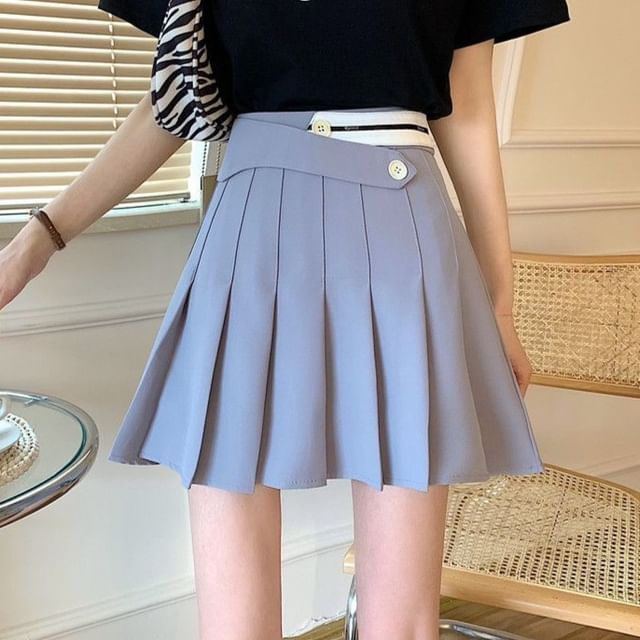 Hevnir-High Waist Striped Pleated Panel Mini A-Line Skirt
