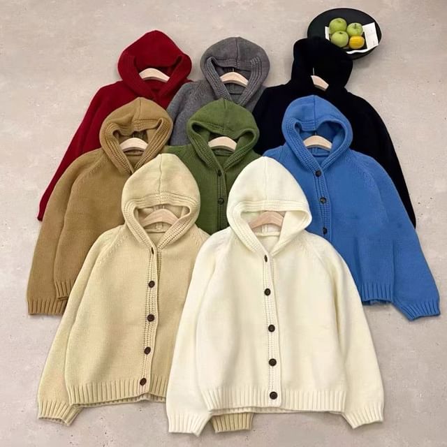 Hevnir-Hooded Button-Up Plain Cardigan