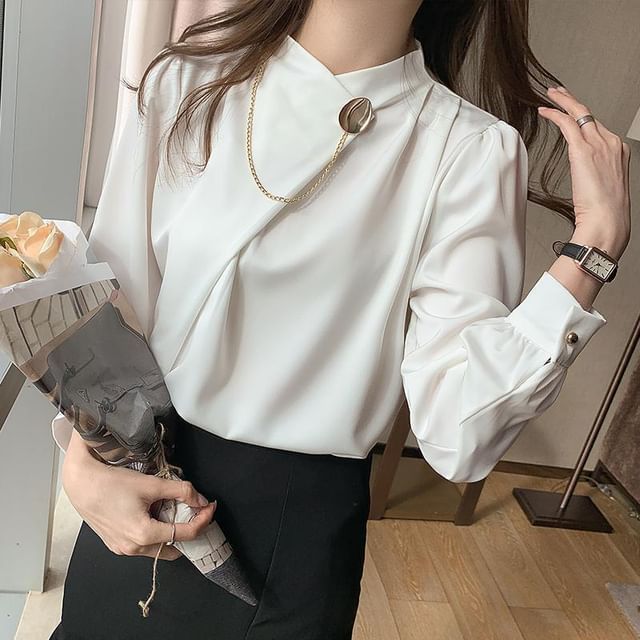 Hevnir-Long-Sleeve Stand Collar Plain Blouse