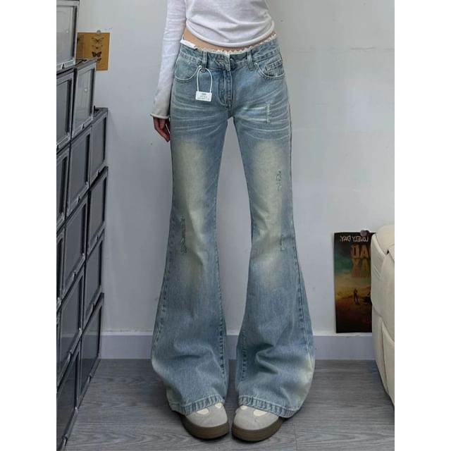 Hevnir-Mid Waist Washed Bell Bottom Jeans