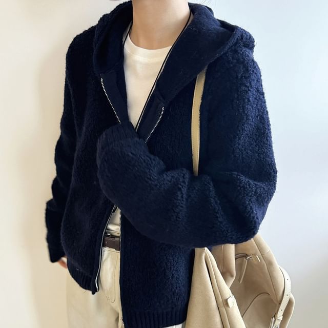 Hevnir-Plain Zip-Up Fleece Knit Hoodie