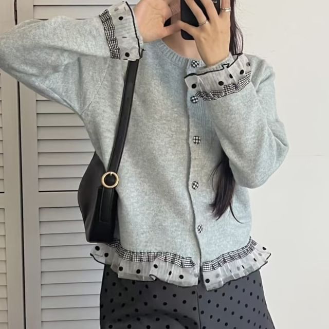 Hevnir-Round Neck Dotted Plaid Ruffle Panel Cardigan