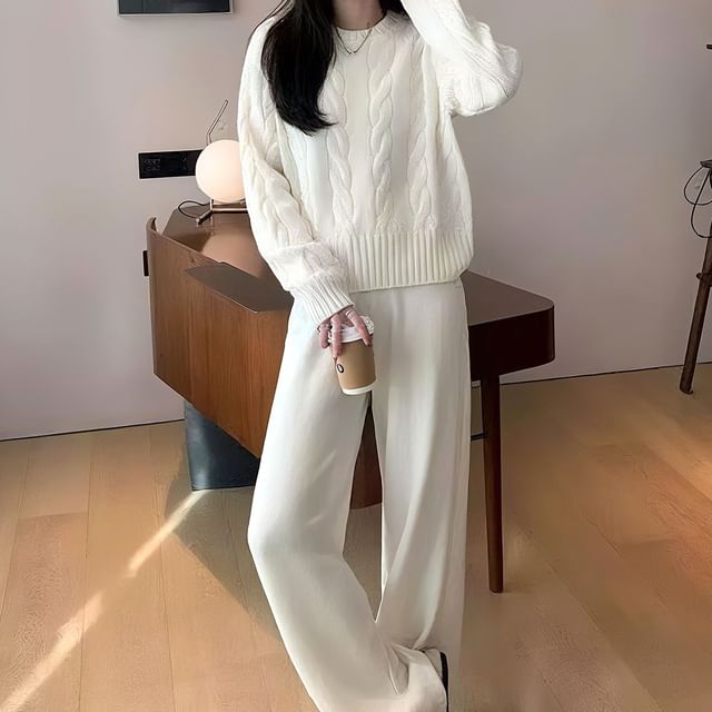 Hevnir-Set Crew Neck Plain Cable Knit Sweater High Waist Wide Leg Pants