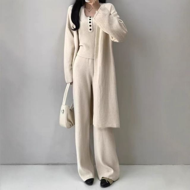 Hevnir-Set Halter Plain Button Ribbed Knit Top Midi Open Front Cardigan High Waist Wide Leg Pants