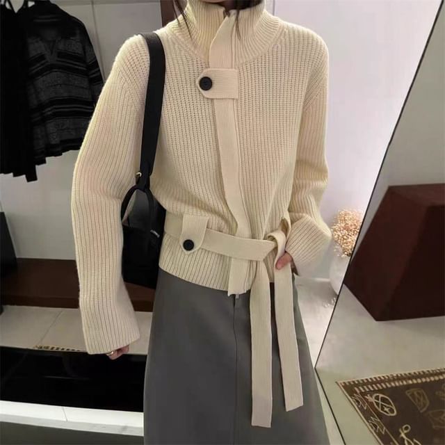 Hevnir-Set Stand Collar Zip-Up Plain Cardigan Belt