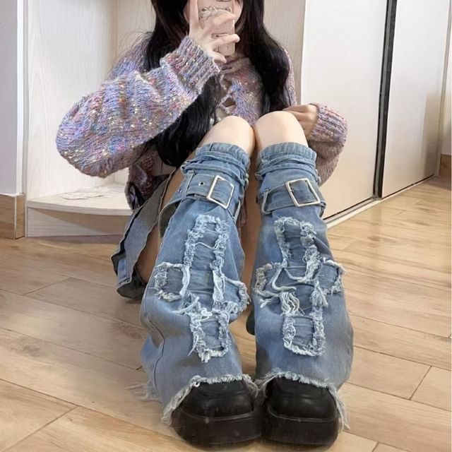 Hevnir-Washed Distressed Buckled Denim Leg Warmer