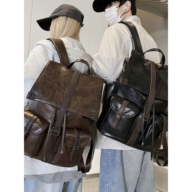 Hikuozy-Buckle Flap Faux Leather Backpack
