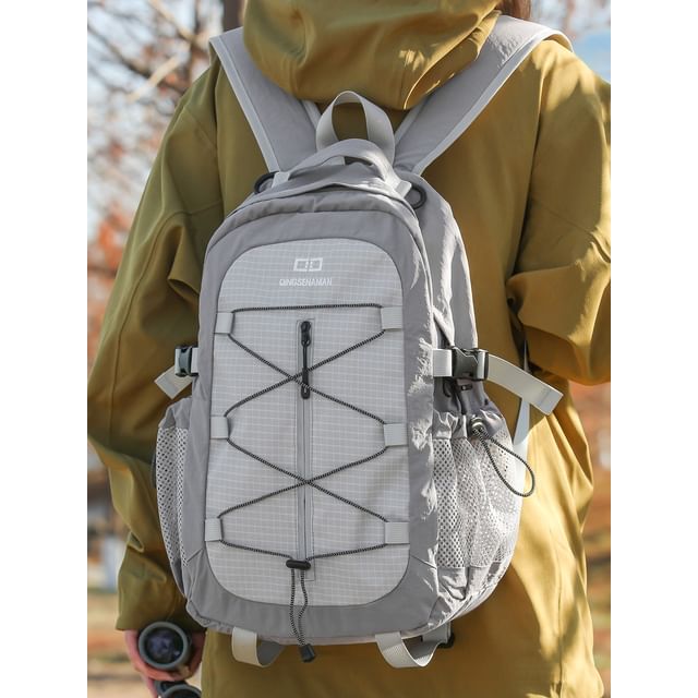 Hikuozy-Drawstring Buckle Panel Fabric Backpack