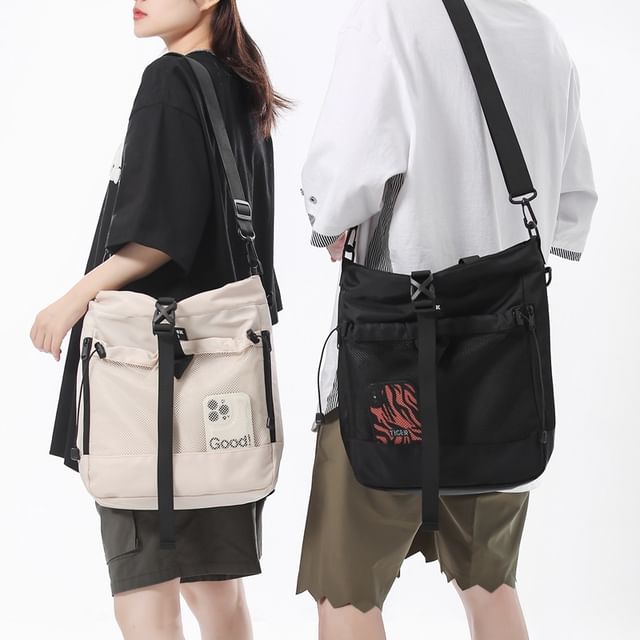 Hikuozy-Mesh Panel Buckled Nylon Crossbody Bag