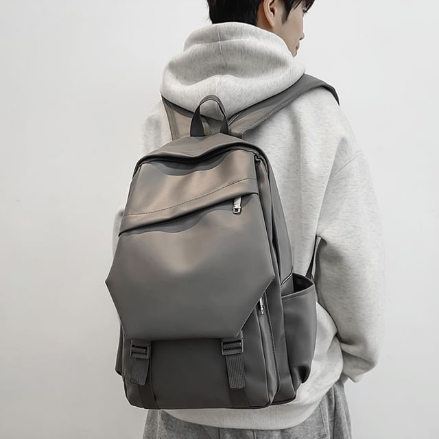 Hikuozy-Plain Faux Leather Laptop Backpack
