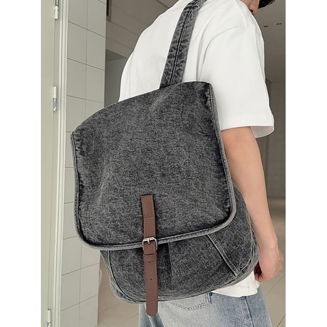 Hikuozy-Washed Flap Denim Backpack