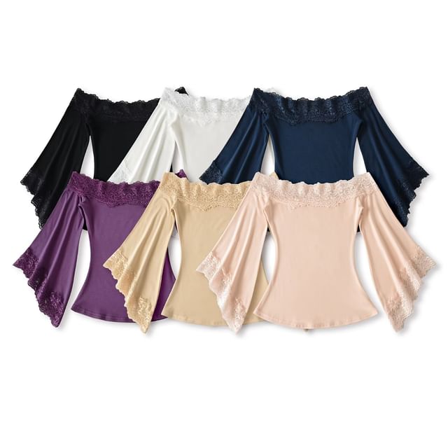 Hollahop-Bell Sleeve Off Shoulder Plain Panel Lace Top
