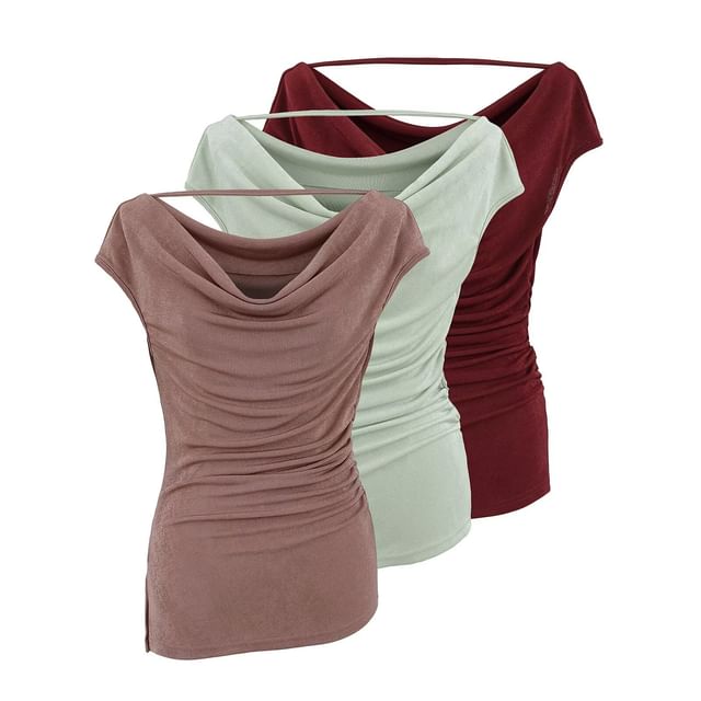 Hollahop-Cap-Sleeve Cowl Neck Plain Shirred Top