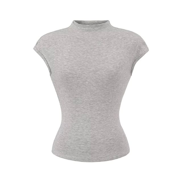 Hollahop-Cap-Sleeve Mock Neck Plain Tee