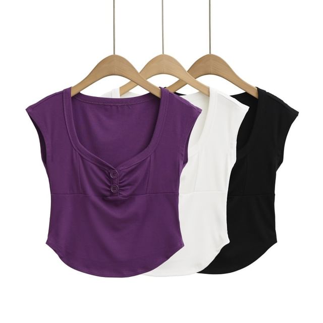 Hollahop-Cap-Sleeve Square Neck Plain Crop Top