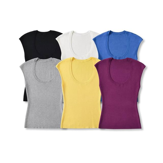Hollahop-Cap-Sleeve U-Neck Plain Knit Top