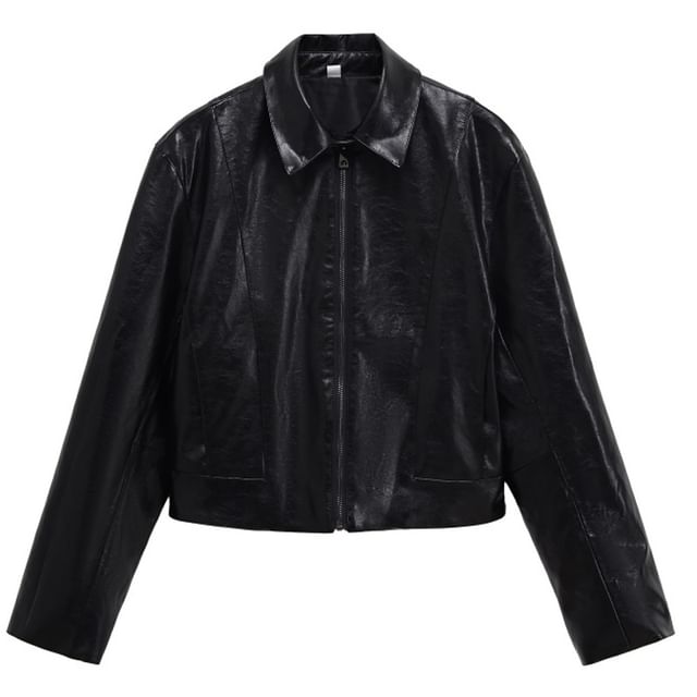 Hollahop-Collar Plain Faux Leather Zip Jacket