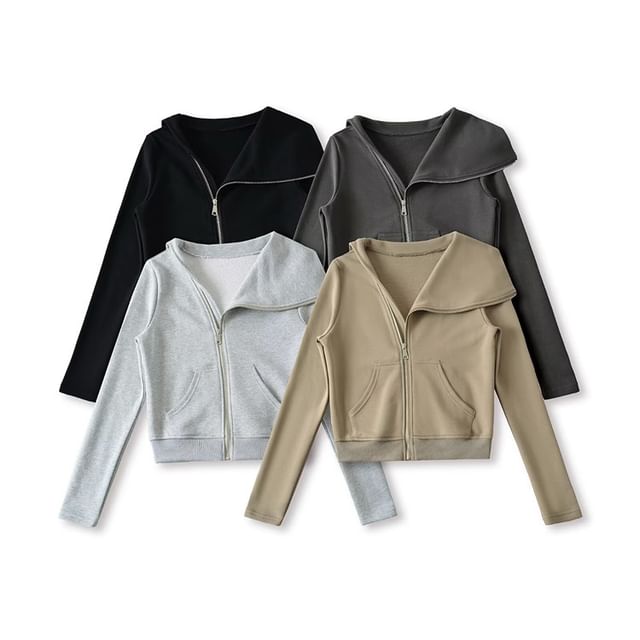 Hollahop-Collar Plain Zip Jacket