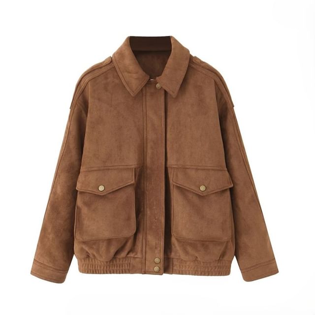 Hollahop-Collared Drop Shoulder Plain Zip Jacket