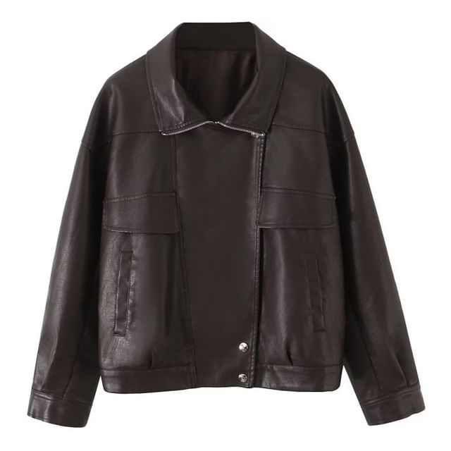Hollahop-Collared Faux Leather Plain Zip Jacket