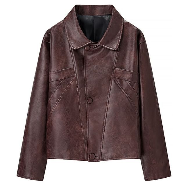 Hollahop-Collared Plain Faux Leather Button Up Jacket