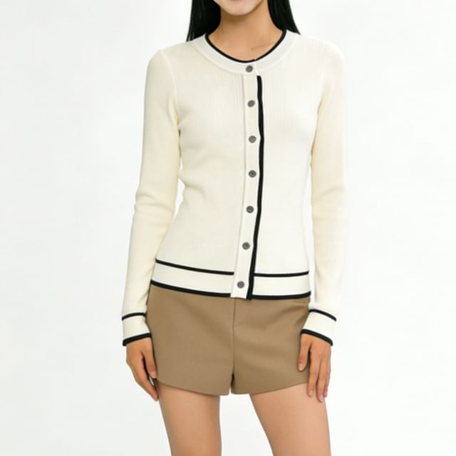 Hollahop-Contrast Trim Button-Up Cardigan