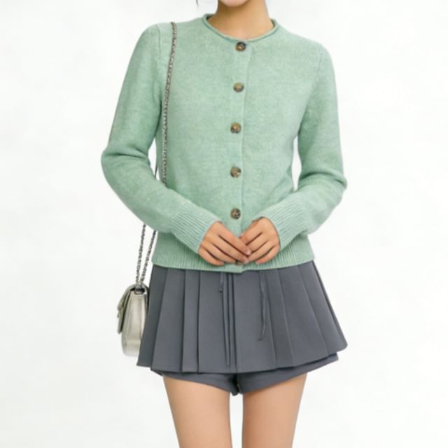 Hollahop-Crewneck Button-Up Plain Cardigan