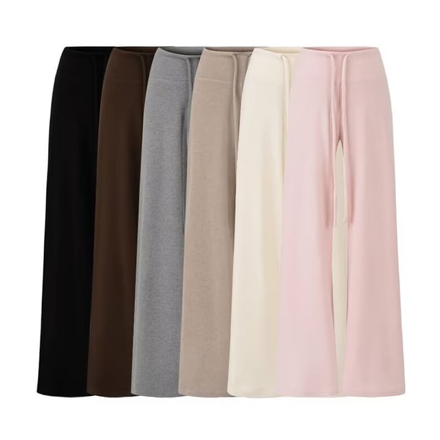 Hollahop-Drawstring Waist Plain Knit Flared Pants