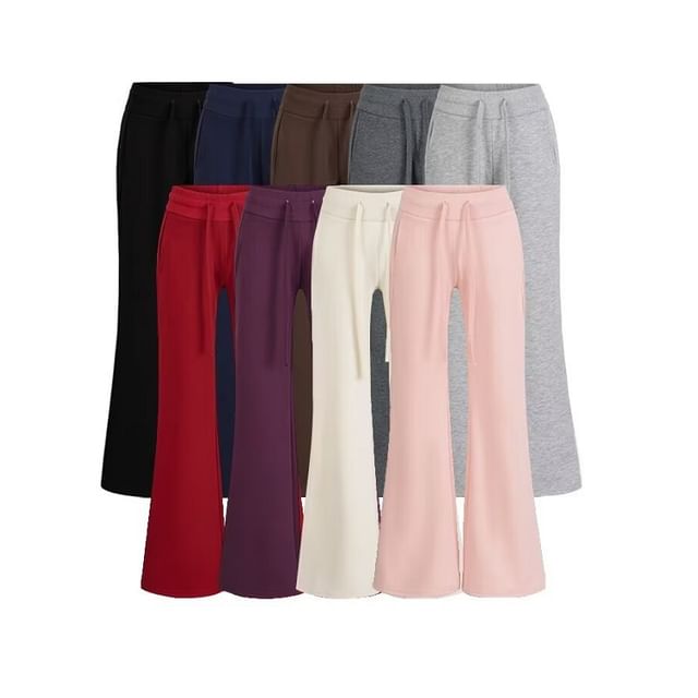 Hollahop-Drawstring Waist Plain Knit Flared Pants