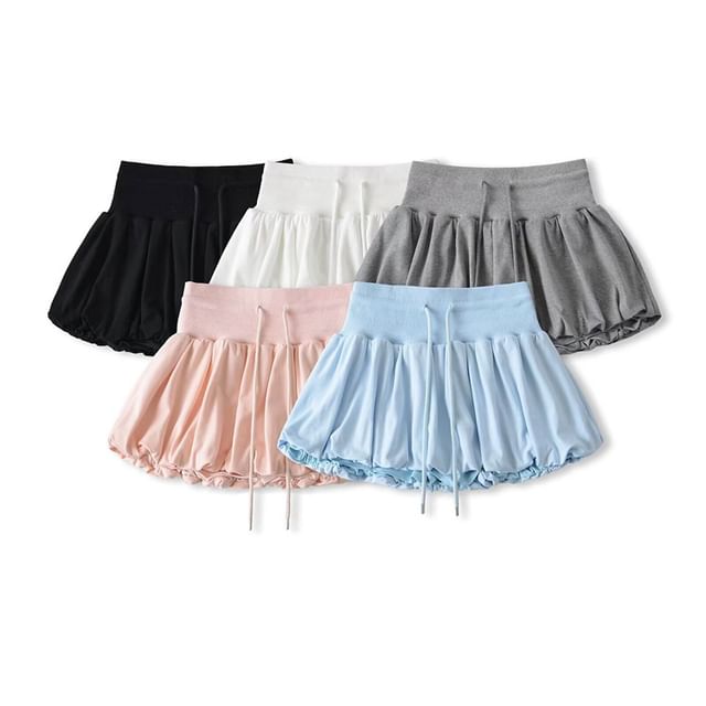 Hollahop-Drawstring Waist Plain Paperbag Mini Skort