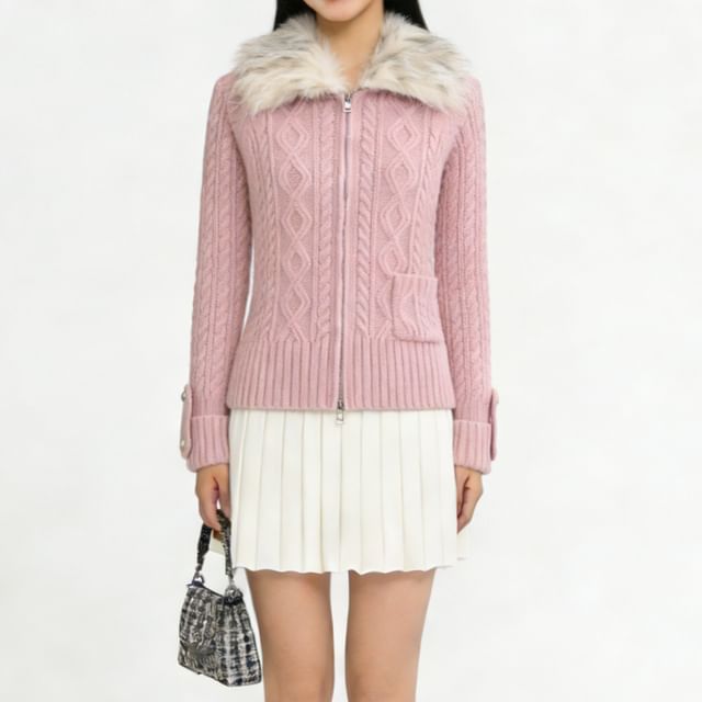 Hollahop-Fluffy Collar Plain Cable Knit Zip Cardigan