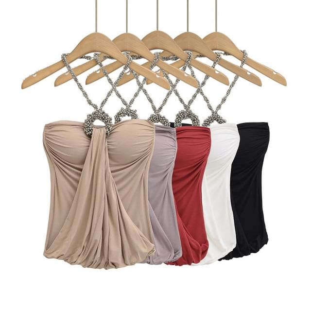 Hollahop-Halter Neck Beaded Strap Plain Ruched Open Back Top