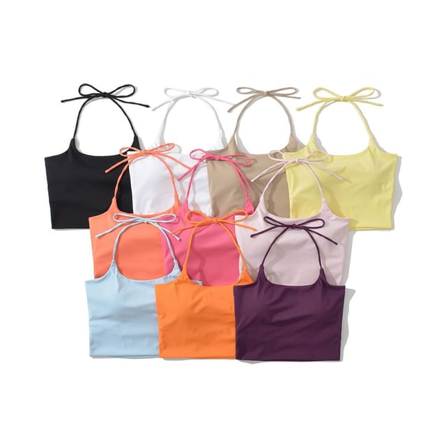 Hollahop-Halter Neck Plain Padded Open Back Crop Top