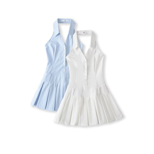 Hollahop-Halter Pleated Hem Mini A-Line Dress