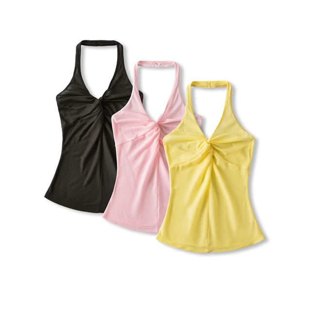 Hollahop-Halter V-Neck Plain Twisted Camisole Top