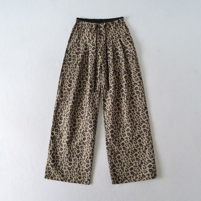Hollahop-High Rise Leopard Print Wide Leg Pants